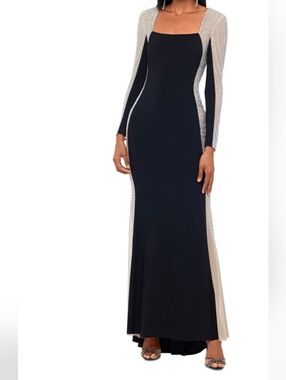 NEW WITH TAGS! Xscape, Black and Silver Long Sleeve Evening Gown